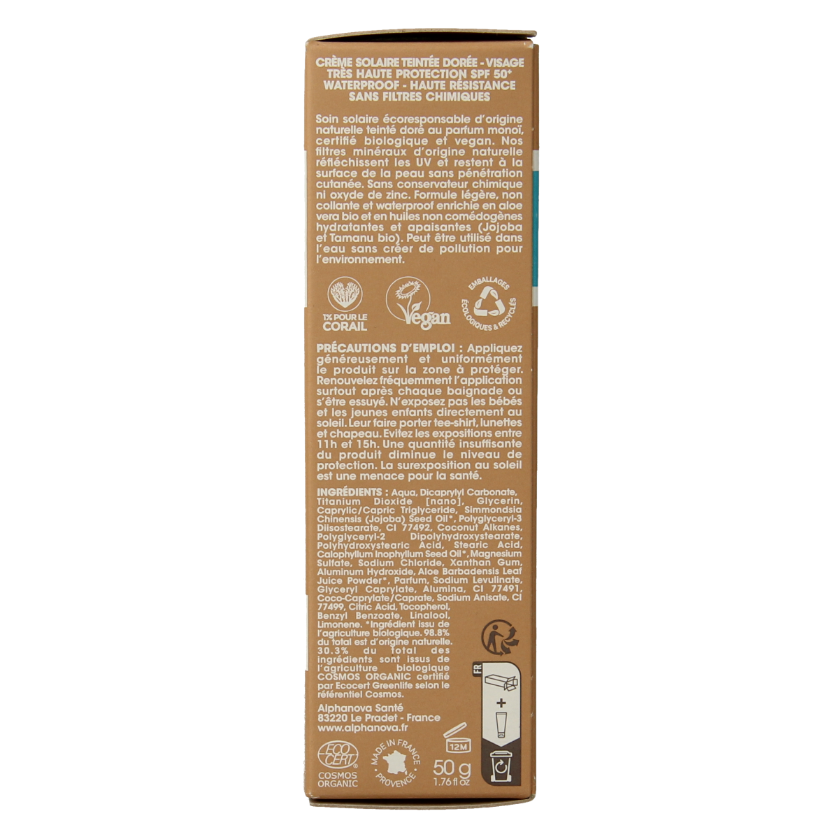 Alphanova Sun Sun bio tinted sunscreen cream golden SPF50+ 50.00 Gram