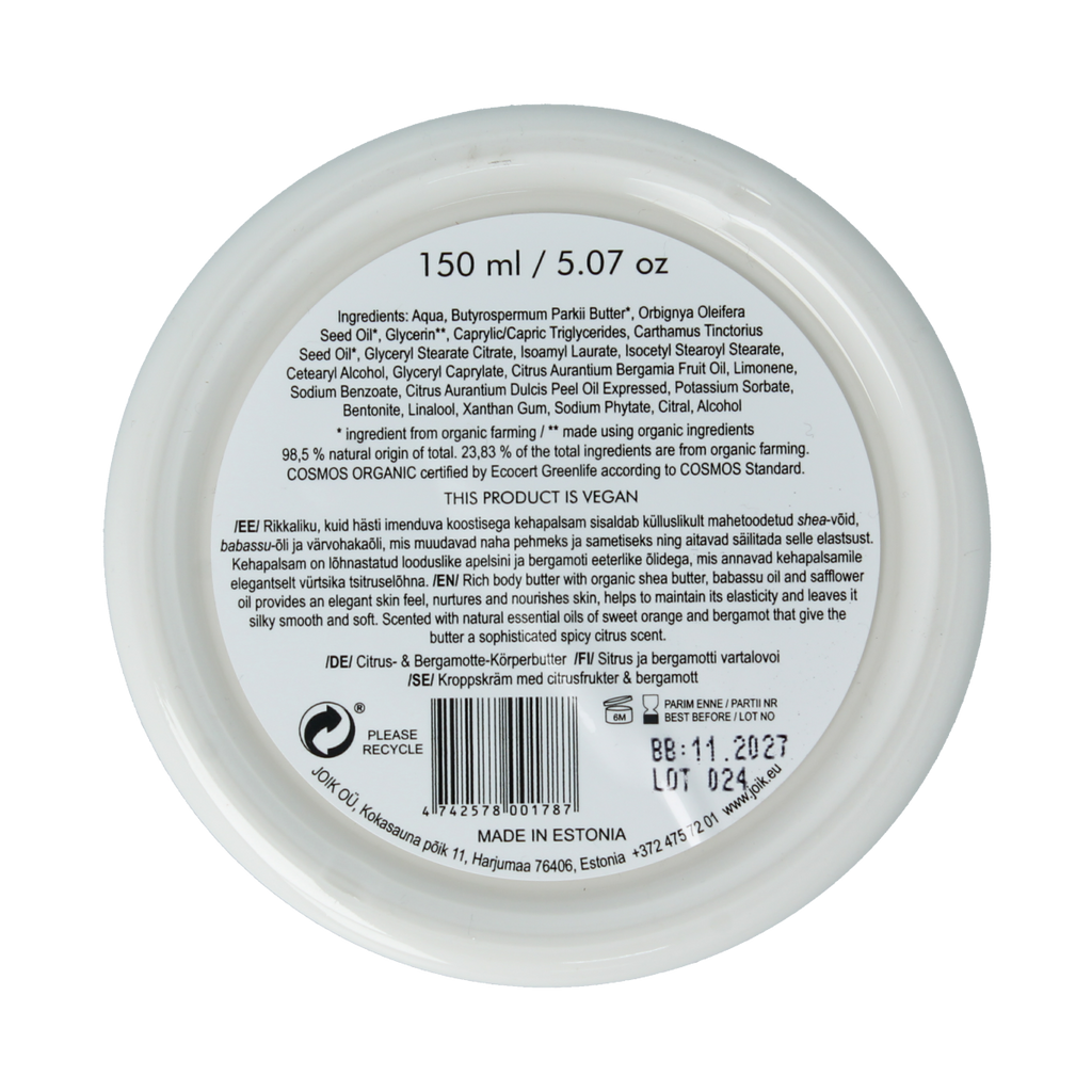Joik Organics Citrus & bergamot body butter organic vegan 150.00 Milliliter