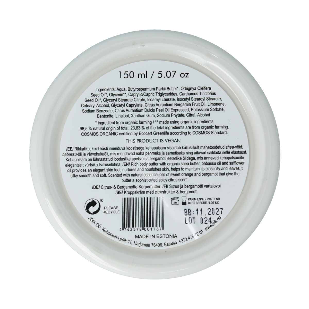 Joik Organics Citrus & bergamot body butter organic vegan 150.00 Milliliter