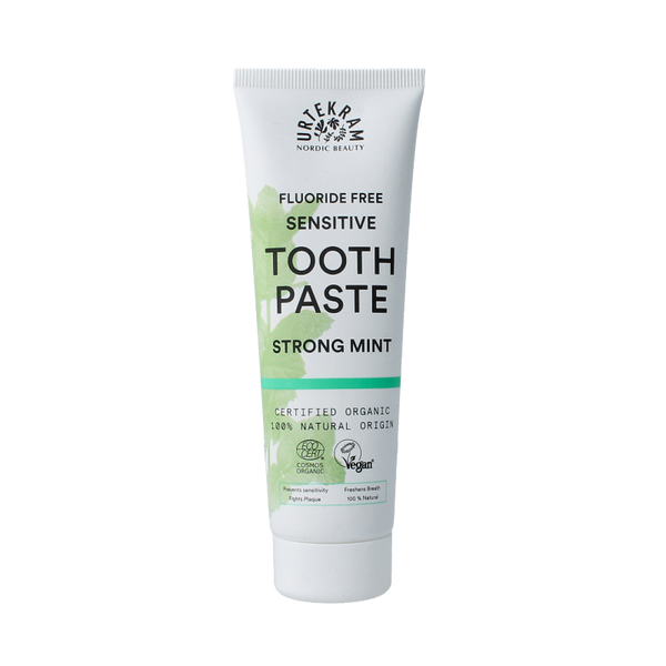 Urtekram Tandpasta sensitive strong mint fluoridevrij 75 Milliliter