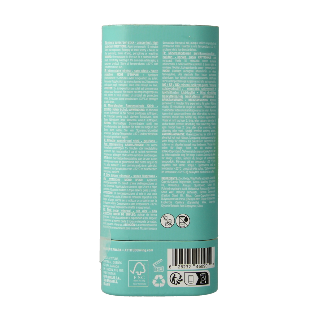 Attitude Sunly zonnebrandstick SPF30 parfumvrij 60.00 Gram