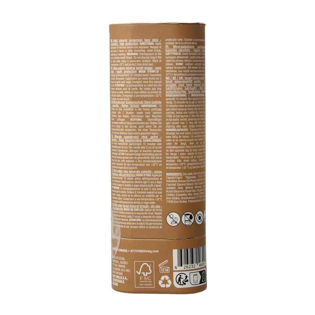 Attitude Sunly gezichtszonnebrandstick getint SPF30 20.00 Gram