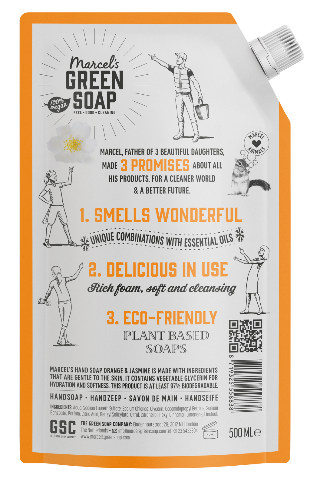 Marcel's Green Soap Handzeep sinaasappel & jasmijn navul 500.00 Milliliter