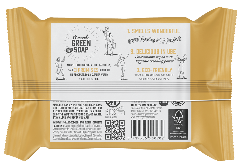 Marcel's Green Soap Hand wipes vanilla & cherry blossom bio 15.00 Stuks