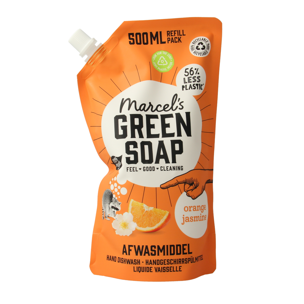 Marcel's Green Soap Afwasmiddel sinaasappel & jasmijn navulling 500.00 Milliliter