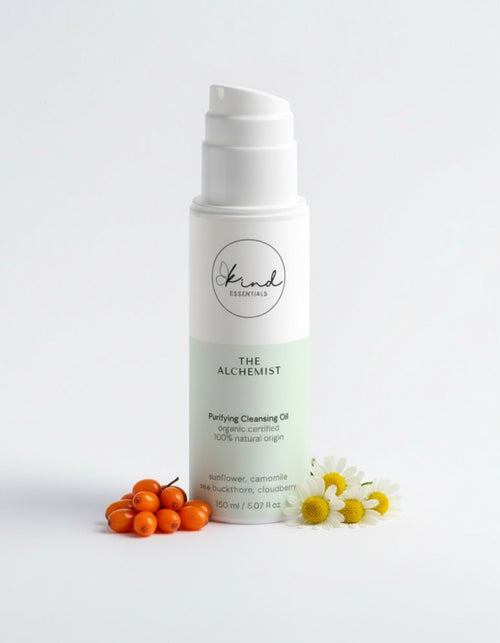 Kind Essentials The Alchemist Purifying Cleansing Oil on a marble top