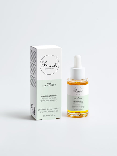 Kind Essentials The Alchemist Nourishing Face Oil on a marble top